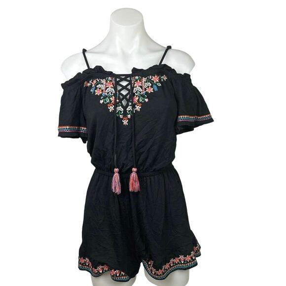 American Eagle Black Floral Print Embroidered Boho Cold Shoulder Ruffle Romper - Picture 1 of 11
